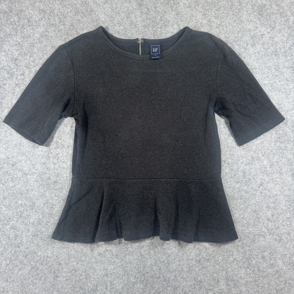 Gap Peplum Knit Top Medium Charcoal Grey Back Zip Short Sleeve